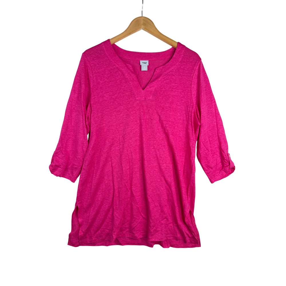 Chico's Split Neck 3/4 Sleeve Linen Tunic Top size 2 (US Large) Hot Pink